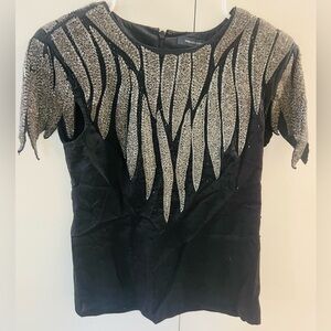 Vintage French Connection rare glam heavily beaded silver black top women’s sz 4